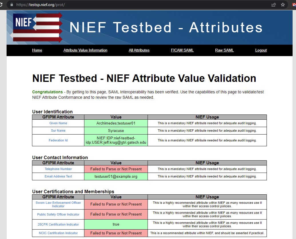 Screen shot of the NIEF Test SP - SSO landing page and attribute review page.